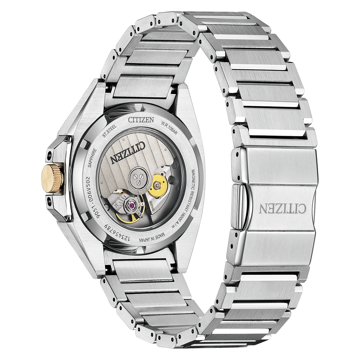 Citizen watch back with visible mechanism, stainless steel, sapphire glass
