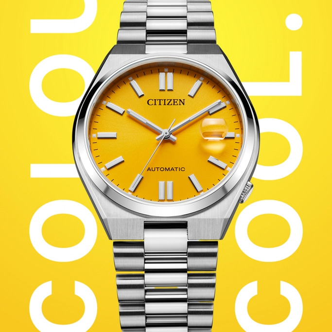 Citizen watch with yellow face and silver band on yellow background.