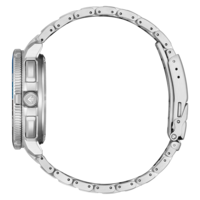 Side view of a stainless steel watch with a blue dial.