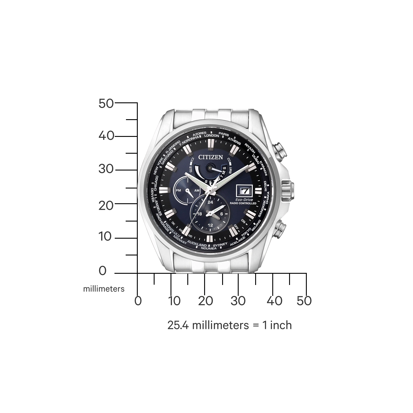 Citizen watch with world time function, black dial, and silver band. Eco-Drive technology.