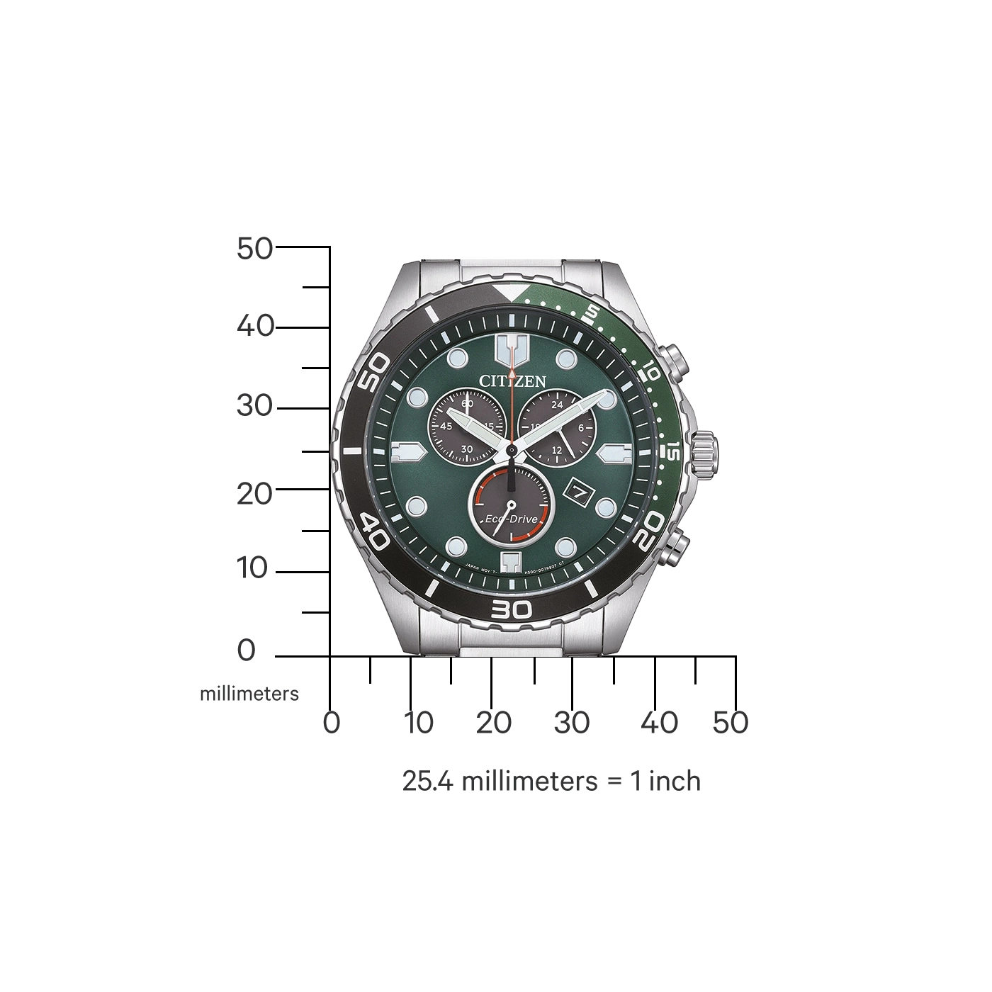 Citizen watch with green dial and measurement scale, showing millimeters and inches.