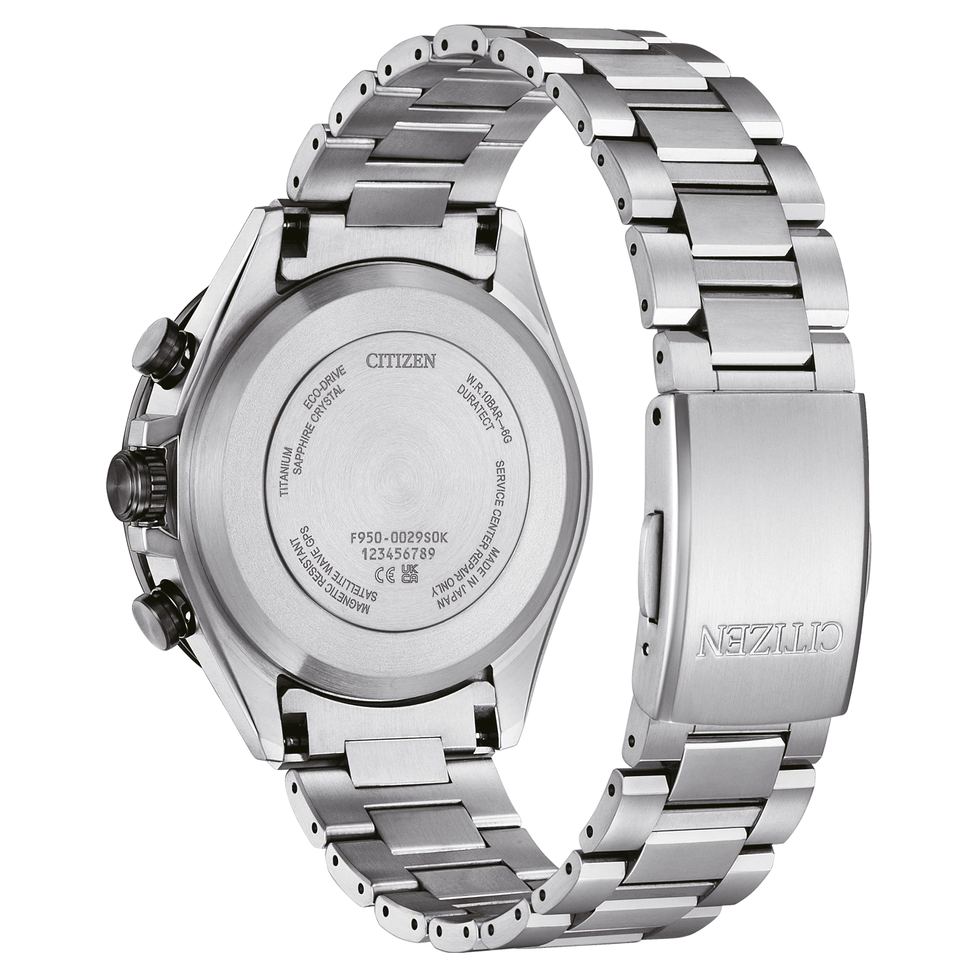 Citizen watch back, titanium, sapphire crystal, Eco-Drive, Japanese made, durable.