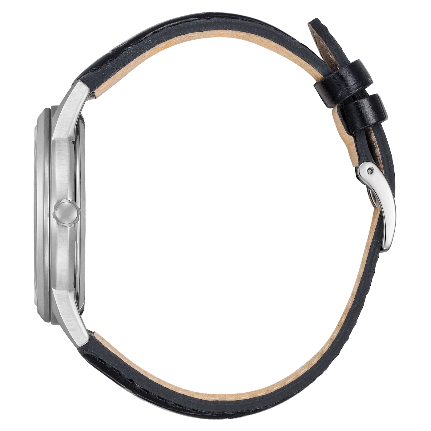 Side view of a silver watch with a black leather strap.