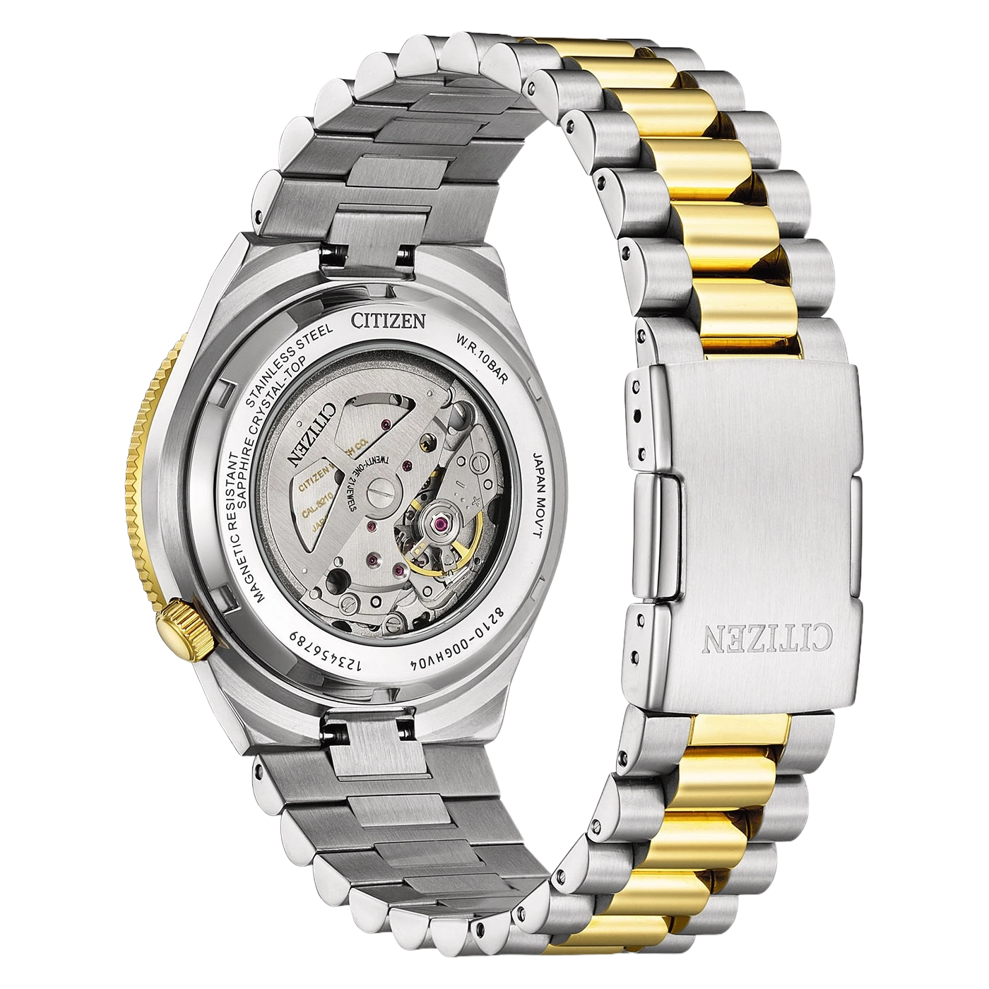 Back view of a two-tone stainless steel and gold Citizen watch with an exhibition case back.