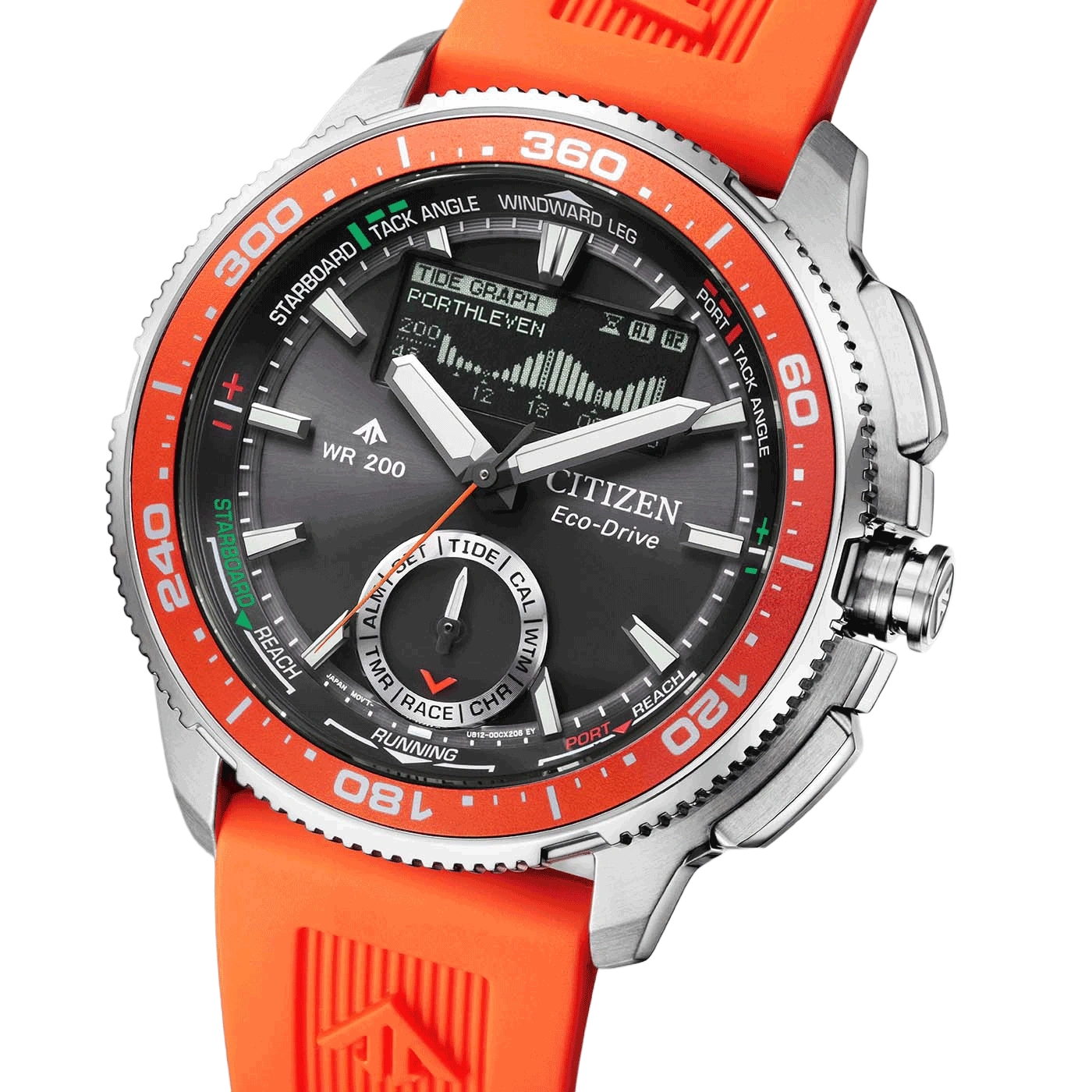 Citizen Eco-Drive watch with orange strap and black dial.