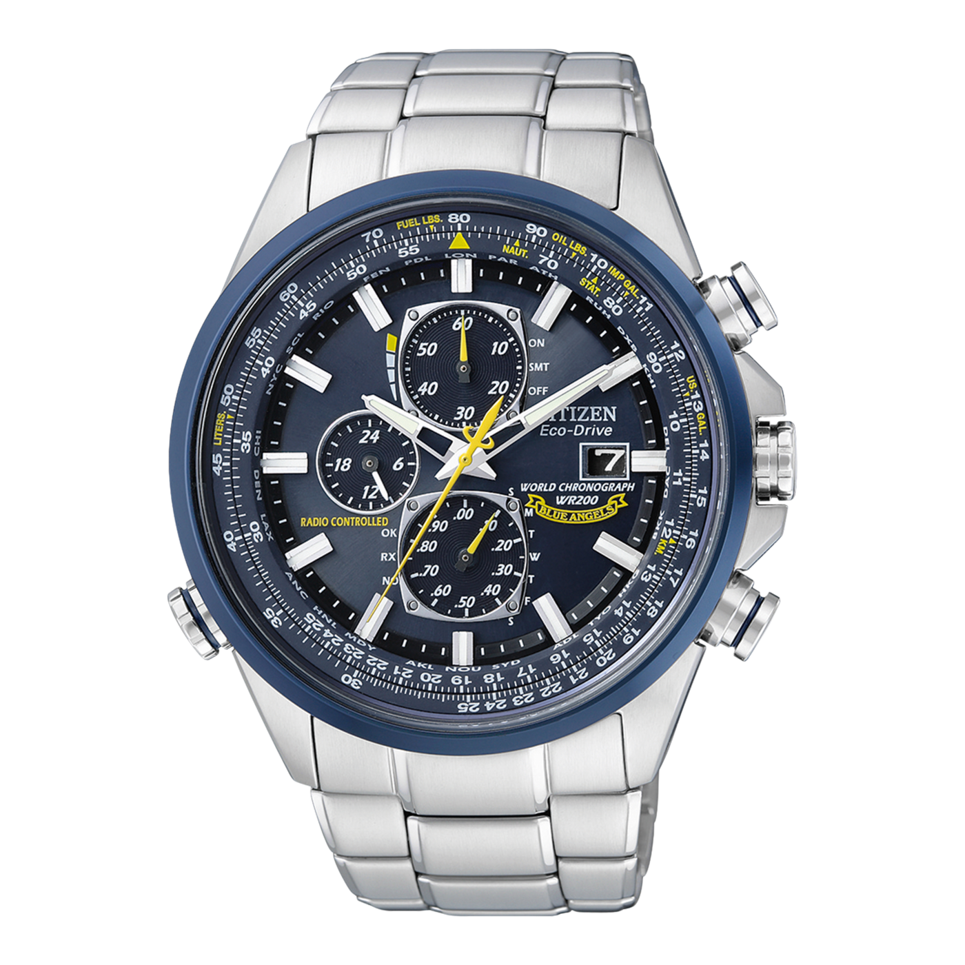 Citizen Blue Angels watch with chronograph and world time functions, stainless steel.