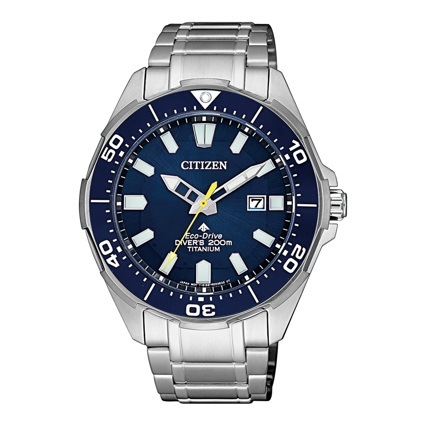 Citizen watch with blue dial, titanium, Eco-Drive, diver's watch, date display, stainless steel bracelet