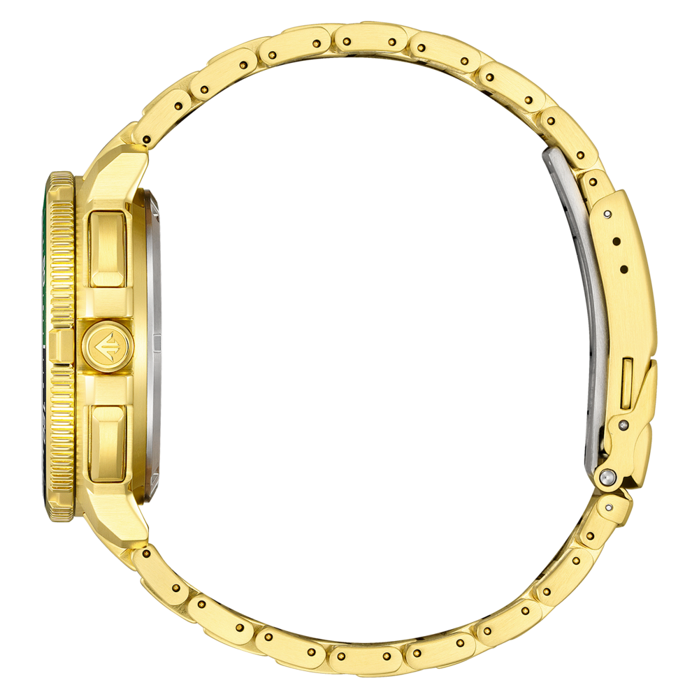 A gold watch bracelet with a black background.
