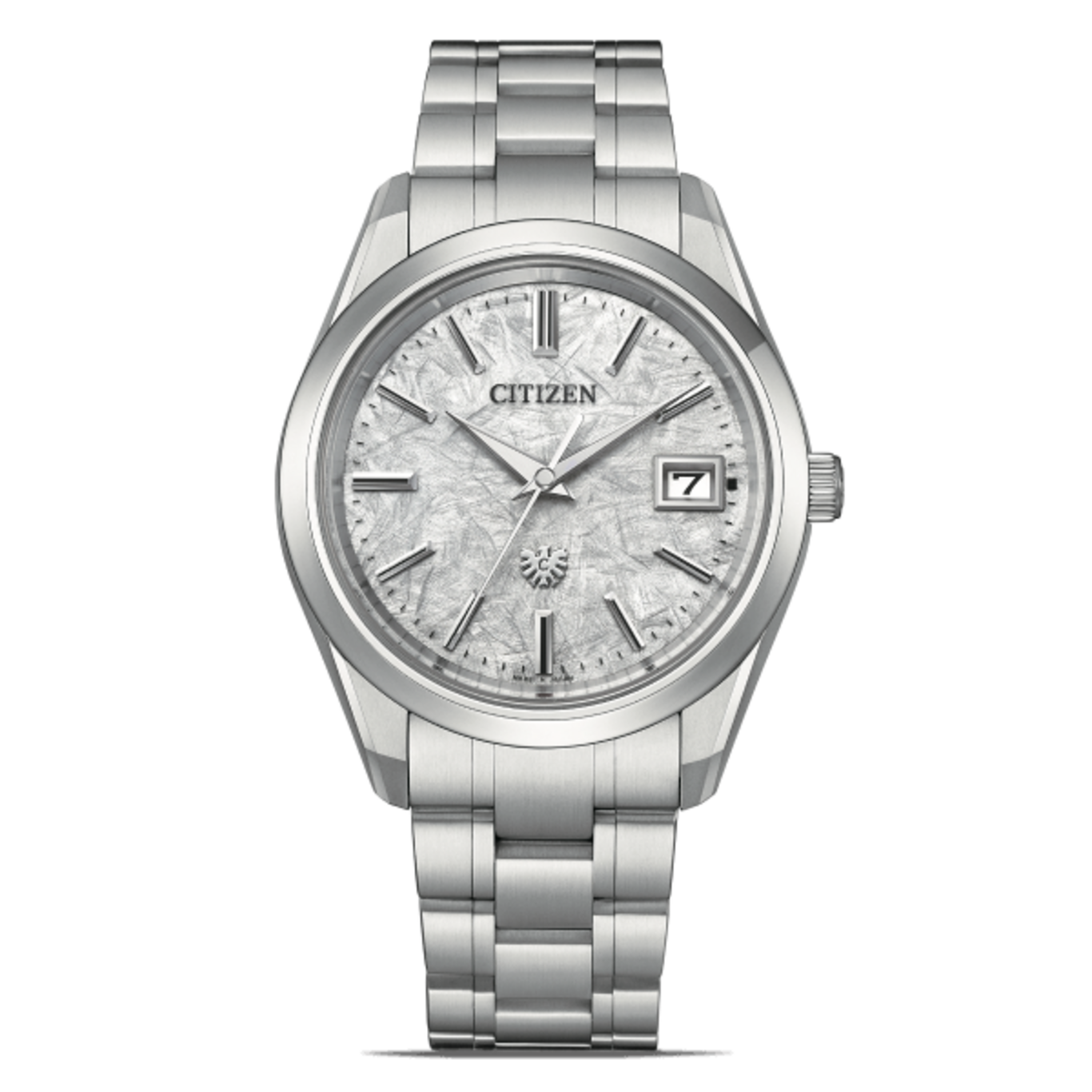 Citizen watch with a silver band and a textured face, date display.