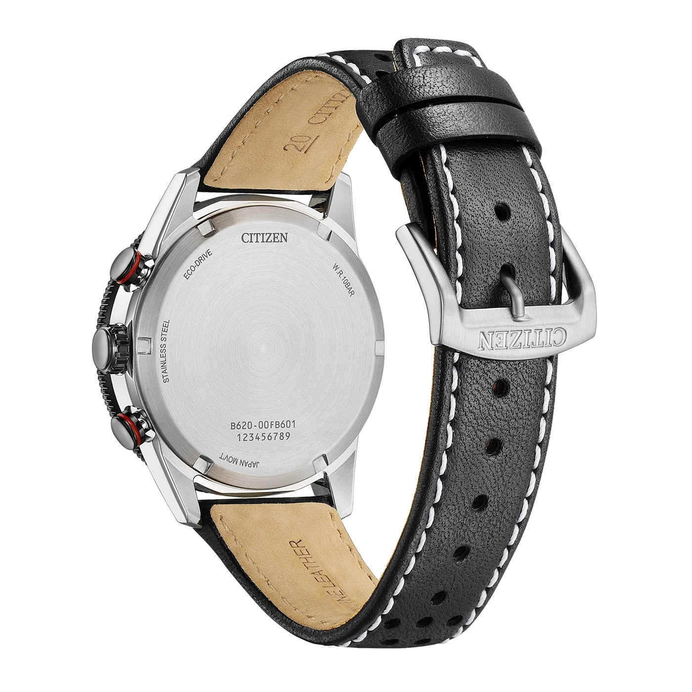 Back of a black leather Citizen Eco-Drive watch with white stitching.