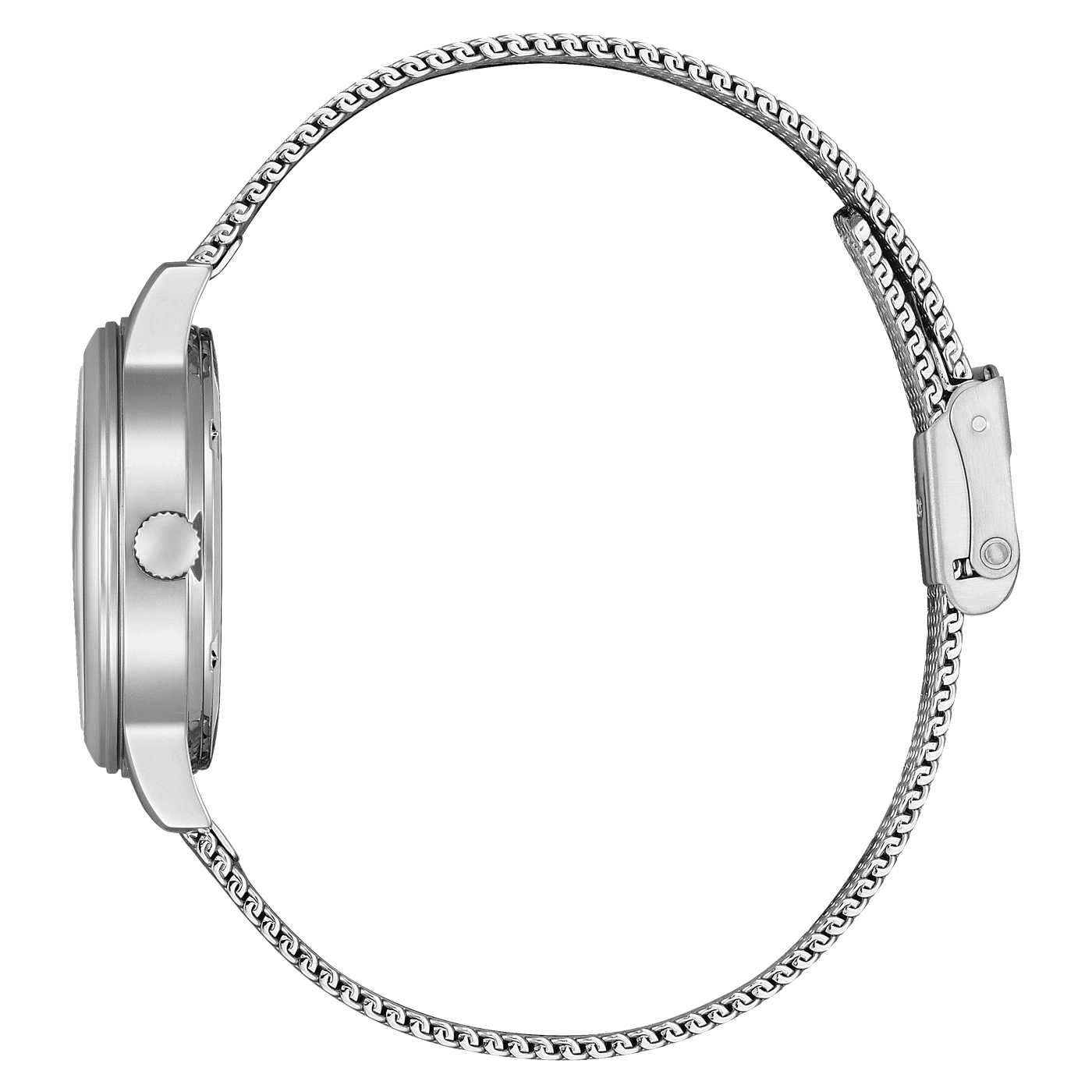 Silver watch with a mesh band, side view, elegant design, modern style.