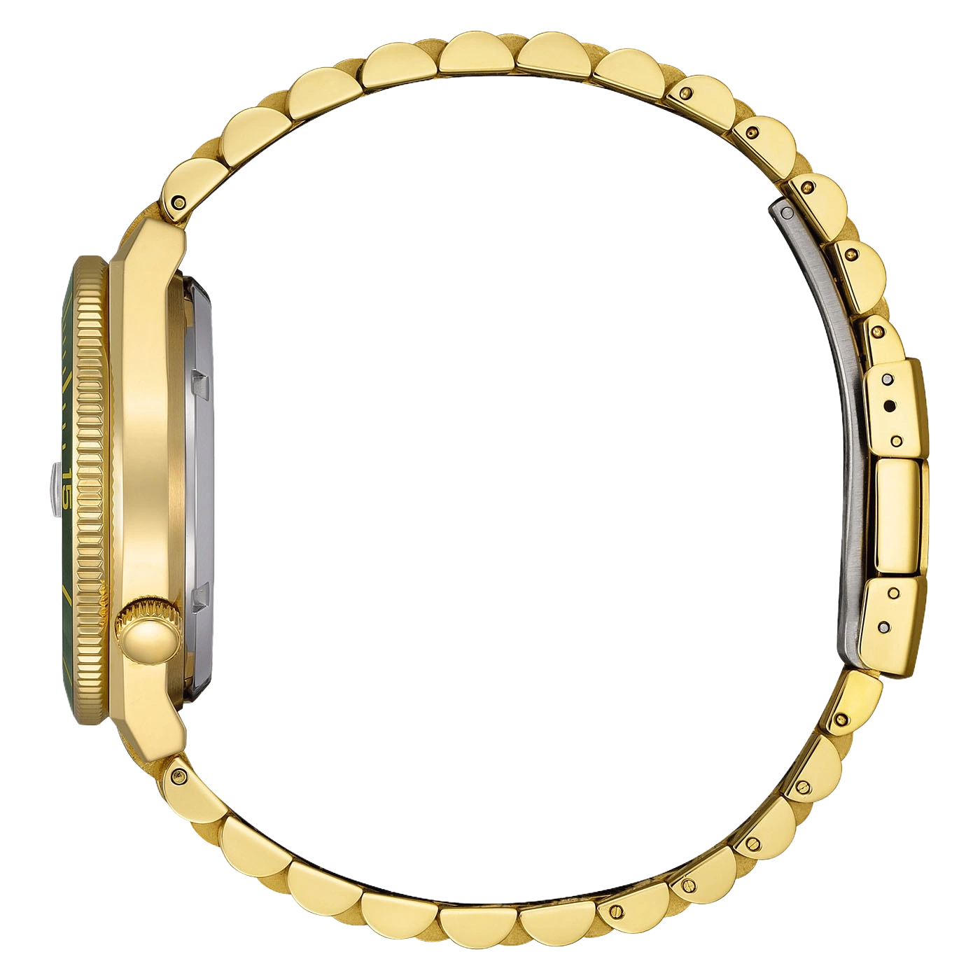 A gold watch with a green bezel and a metal band.