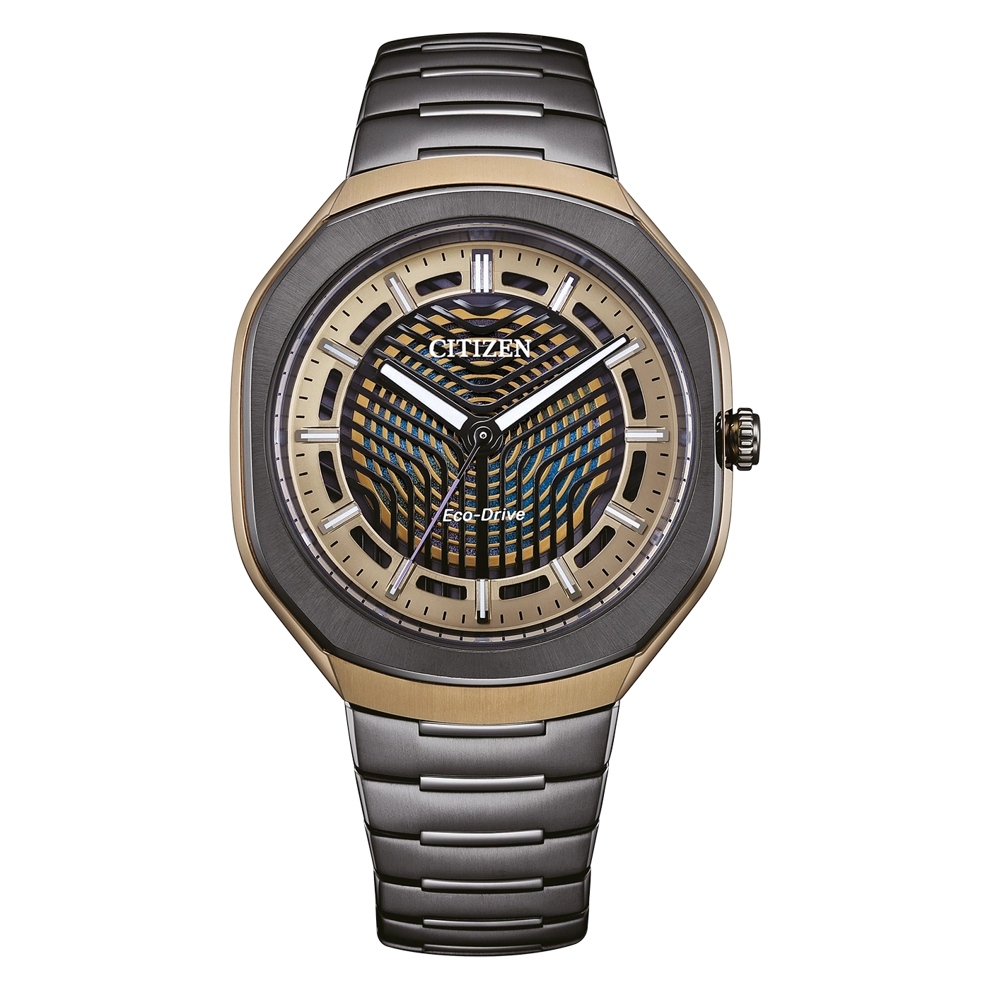 A Citizen Eco-Drive watch with a gold and blue patterned dial and a metal band.