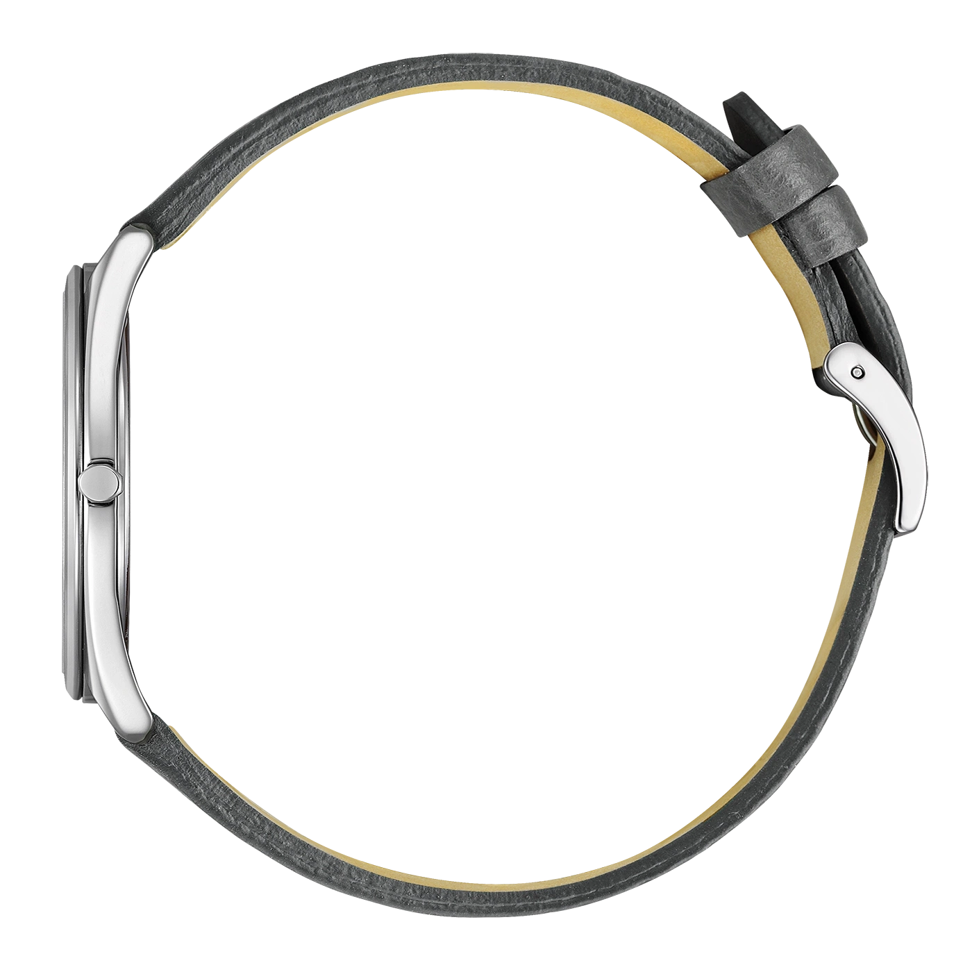 A silver watch with a gray leather strap, elegant and stylish.