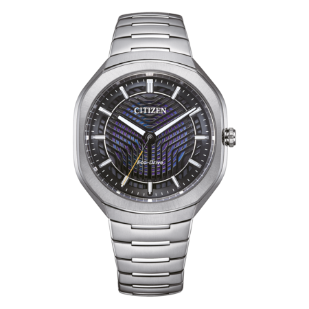 A modern silver Citizen Eco-Drive watch with a black and purple patterned dial.