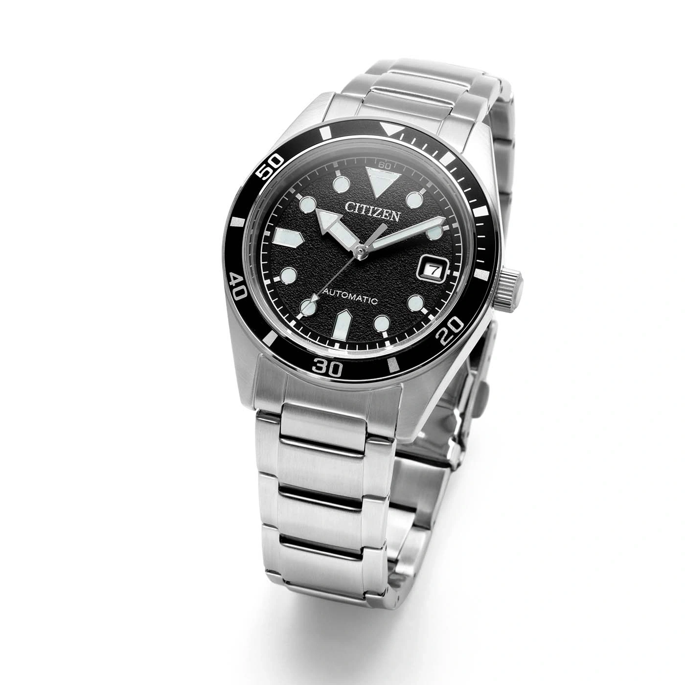 A stainless steel Citizen automatic watch with a black dial and silver band.