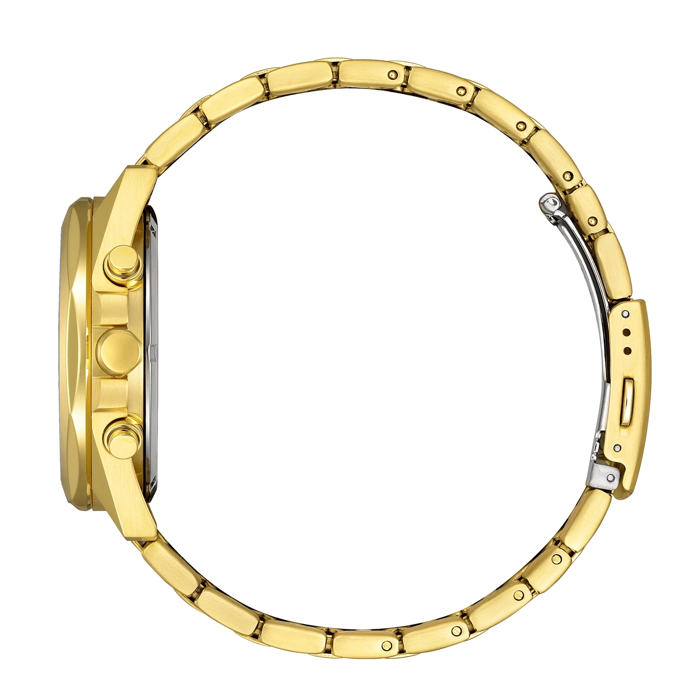 Gold watch, side view, showing the band and the watch face.