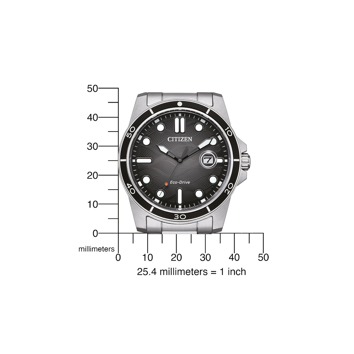 Citizen watch with a black dial, date display, and measurement scale in millimeters.