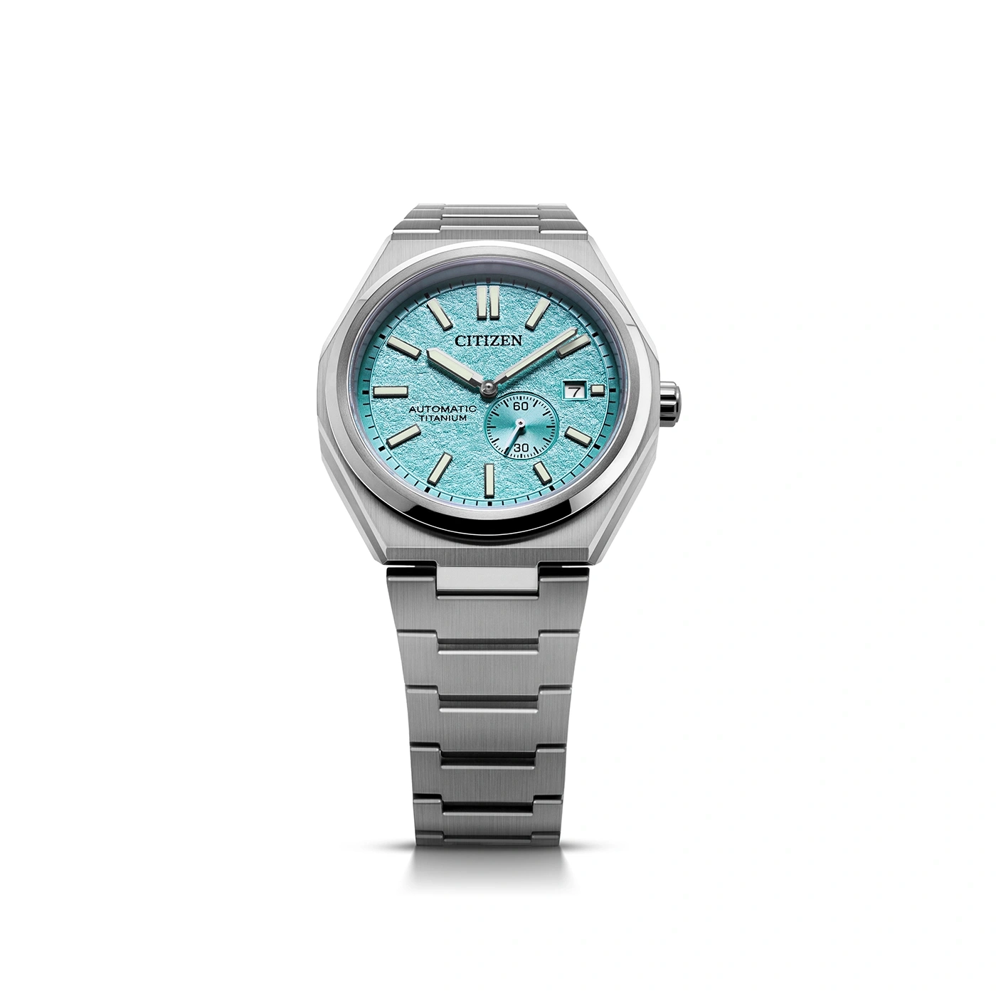 Citizen watch with a turquoise face and titanium strap, elegant design.