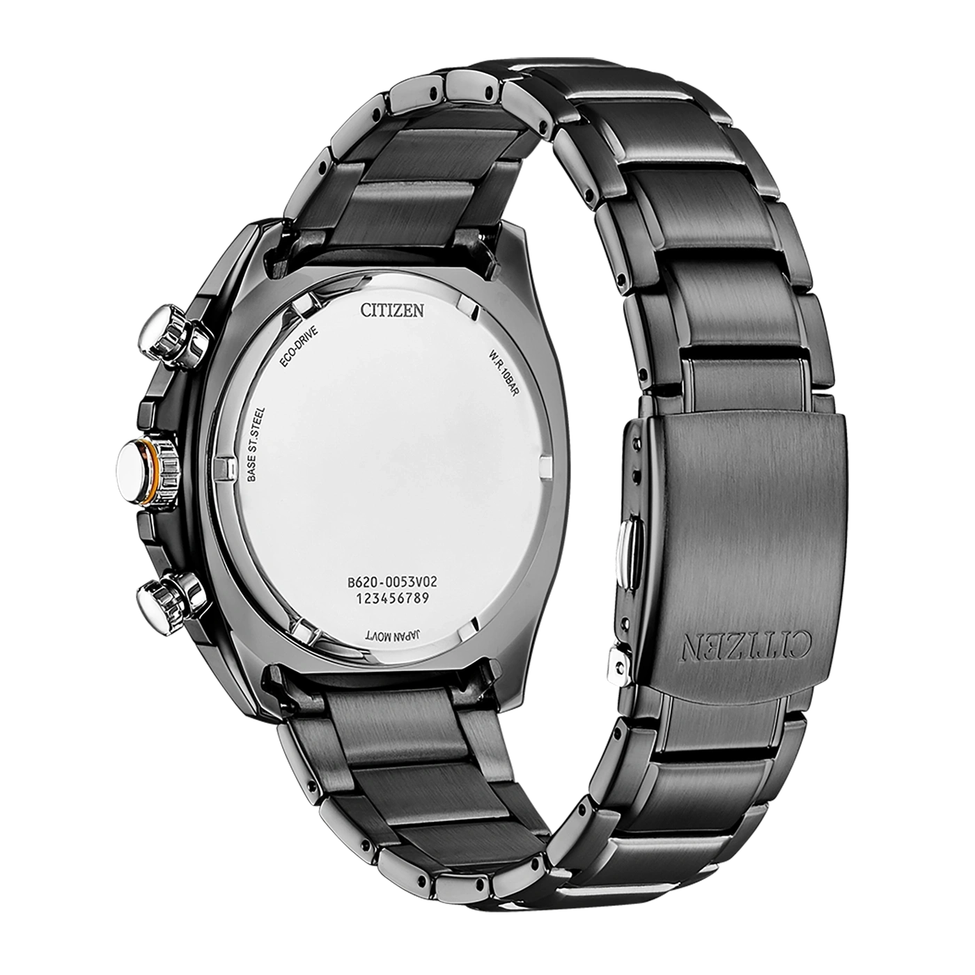 Citizen watch back, Eco-Drive, stainless steel, black bracelet, close-up, details.