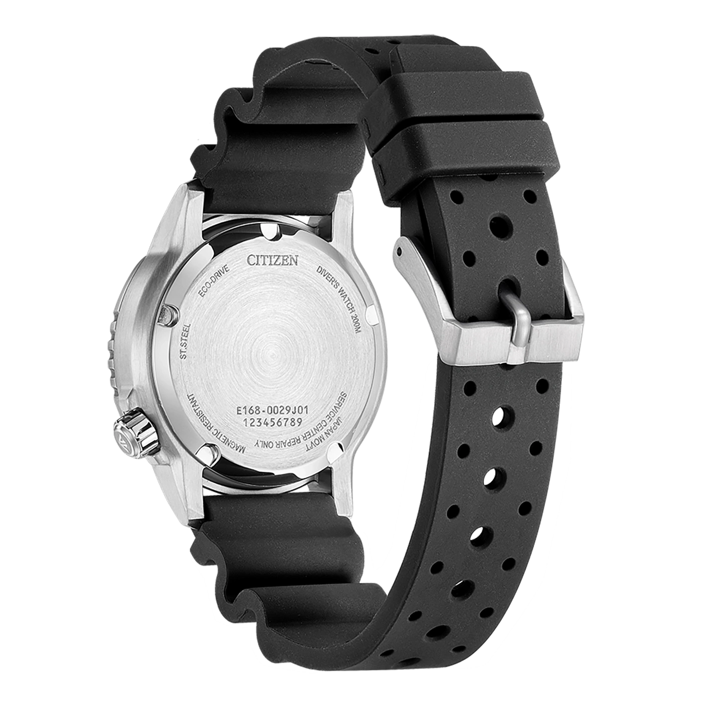 Citizen watch back with black strap, Eco-Drive, Diver's Watch 200M, ST. STEEL