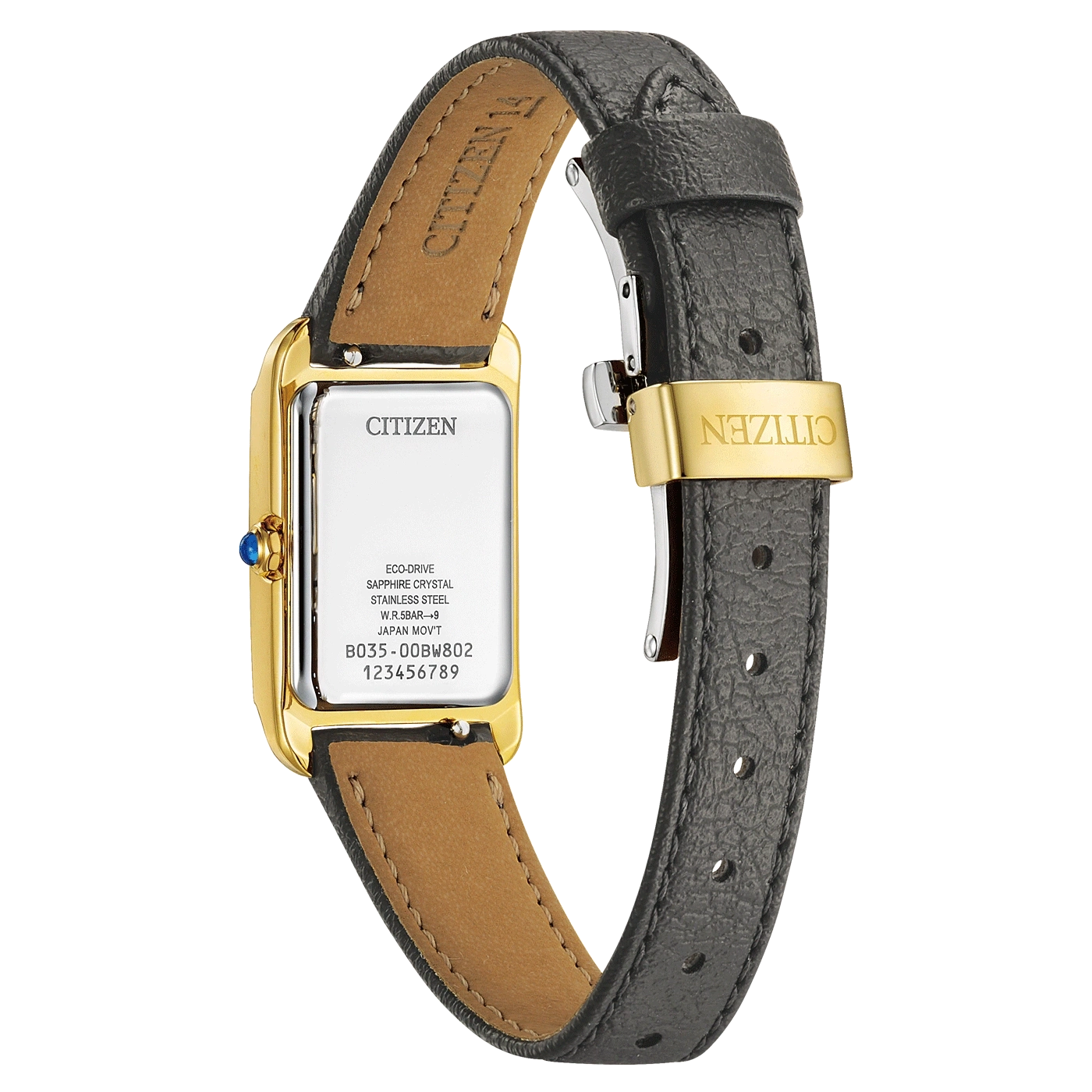 Citizen watch back, gold case, black leather strap, model B035-00BW802, sapphire crystal.