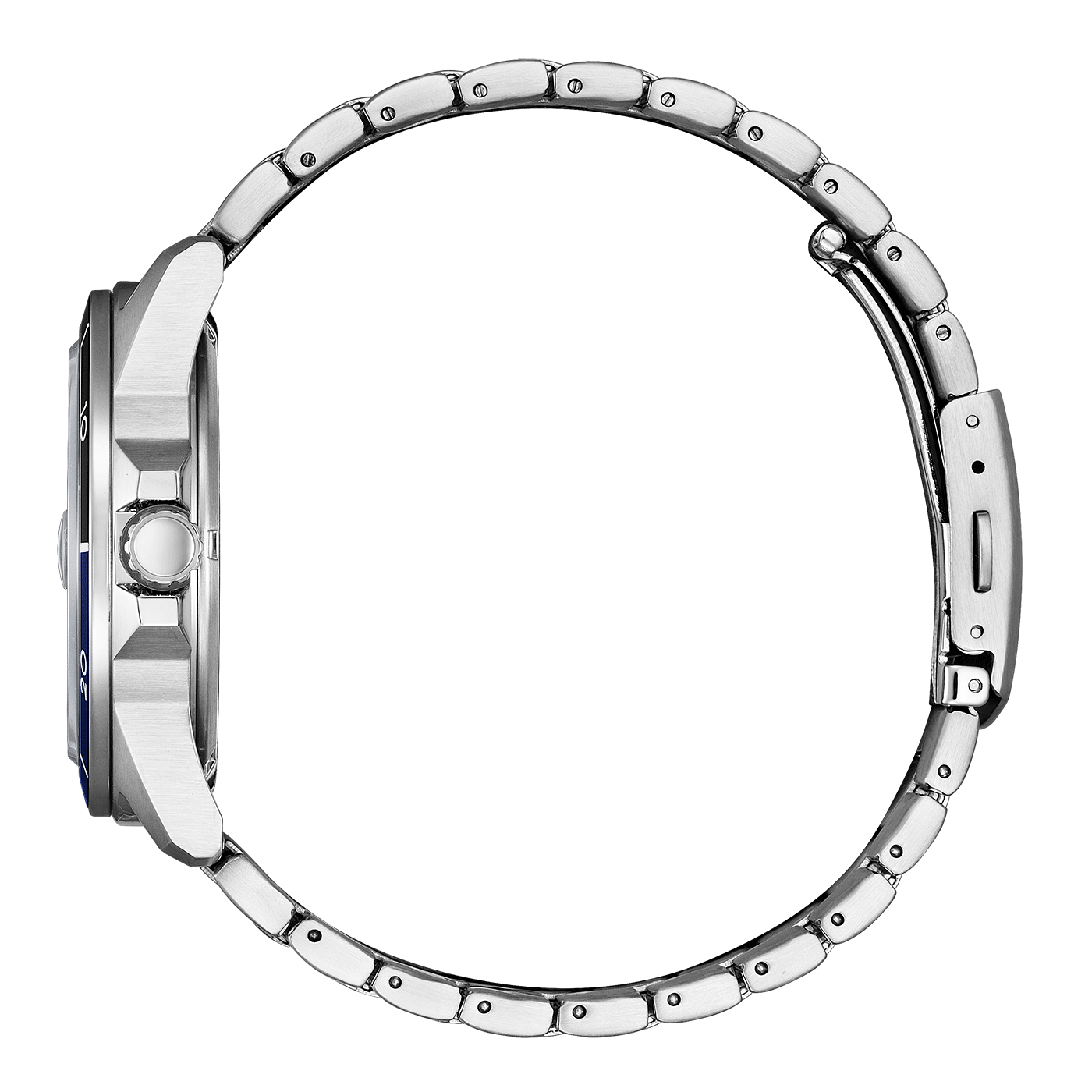 Side view of a silver wristwatch with a blue bezel and metal band.