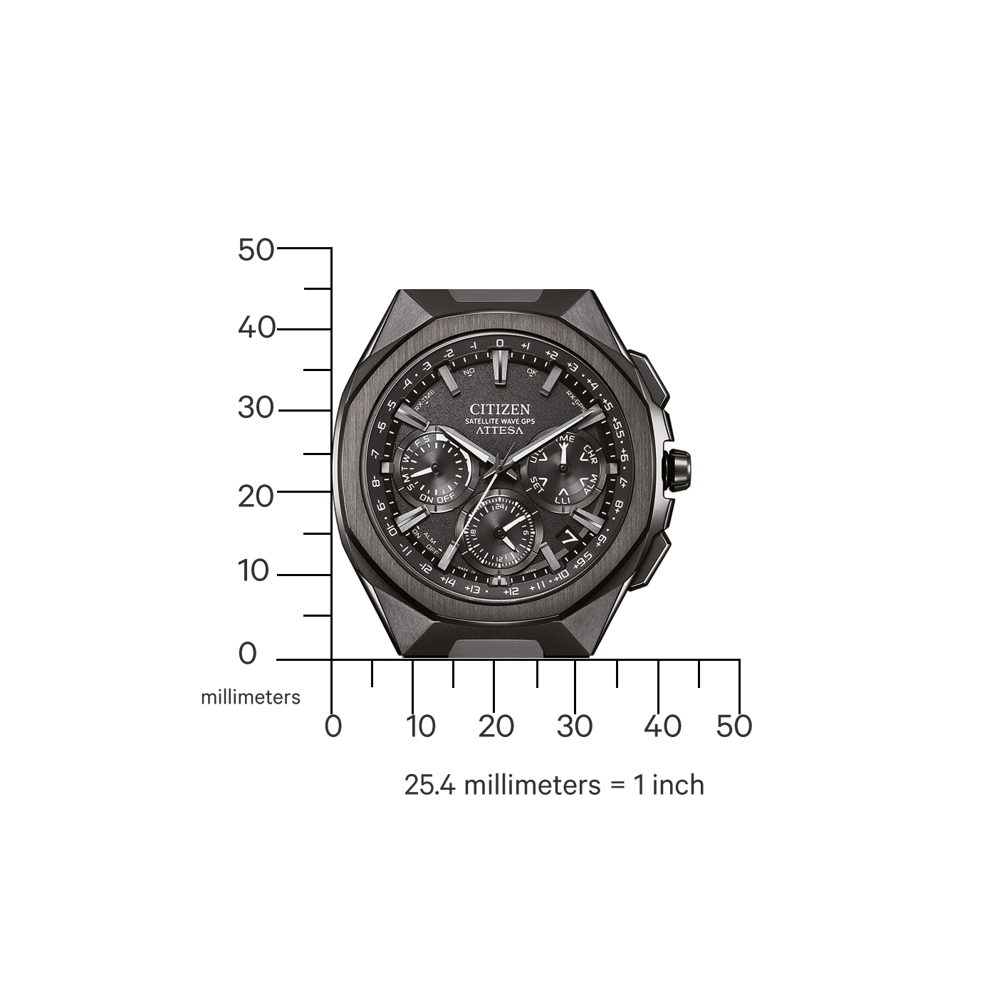 Citizen watch with scale in millimeters and inches, black and gray design.