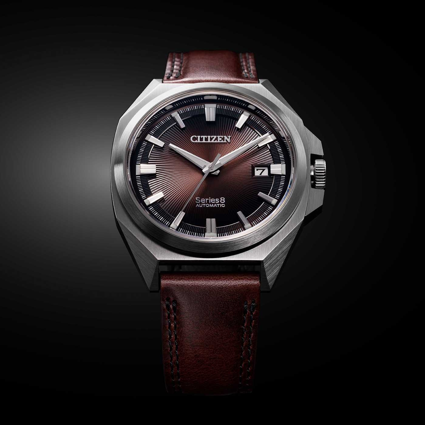 Citizen Series 8 automatic watch with brown leather strap and dark dial.