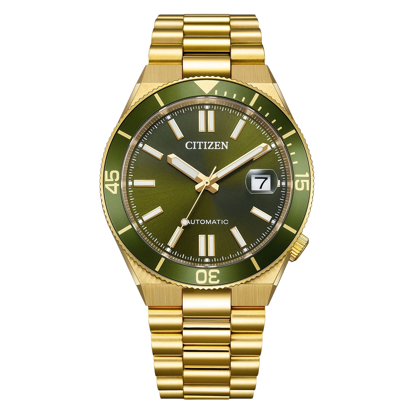 A gold Citizen watch with a green dial and bezel.