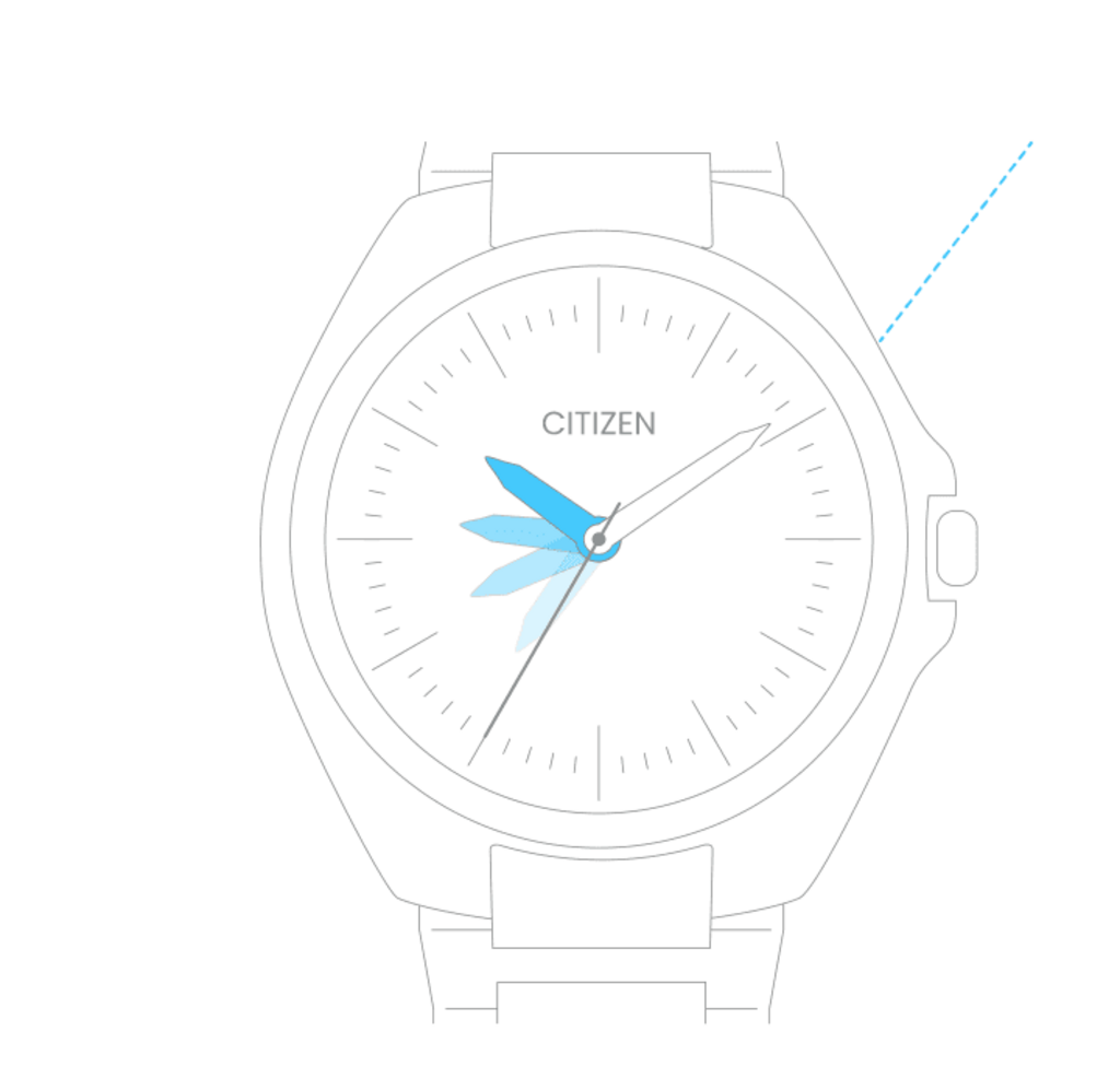 Citizen watch with blue hands showing the time, minimalist design, white background