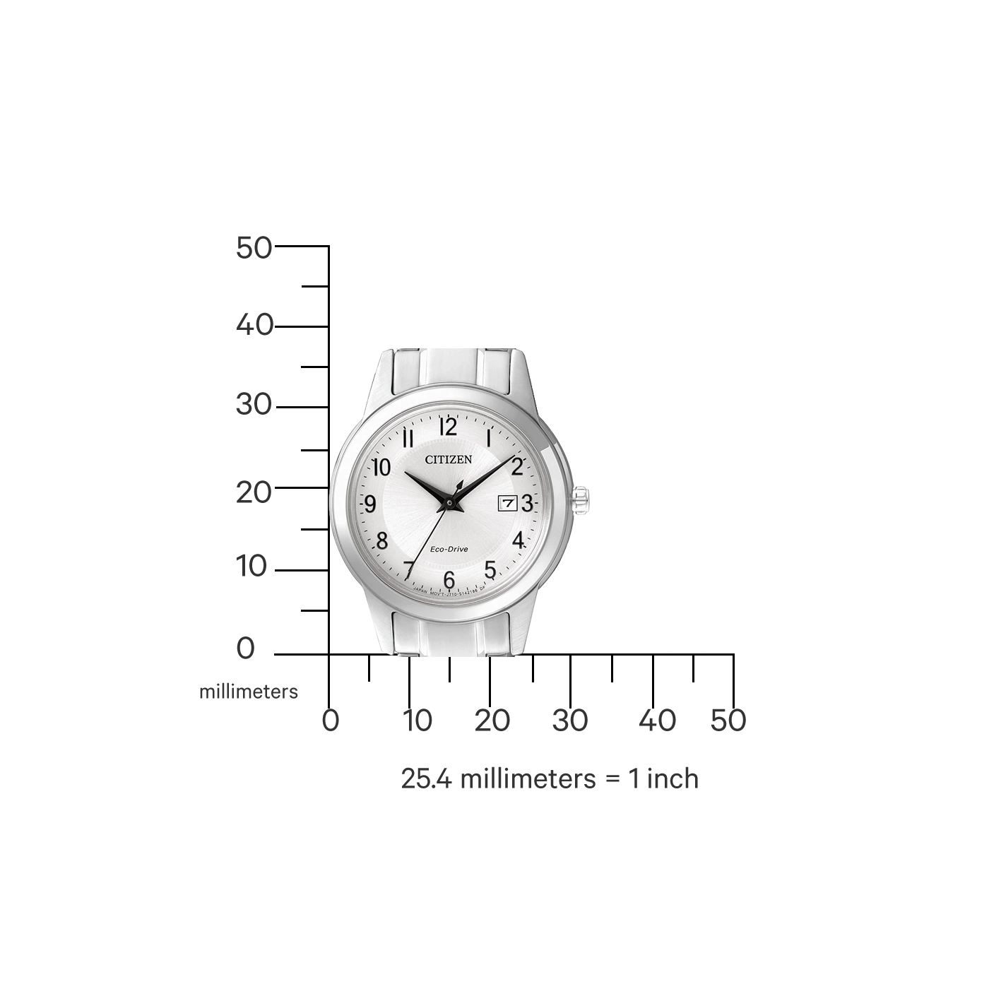 Citizen watch with white band, Eco-Drive, and measurement scale in millimeters.