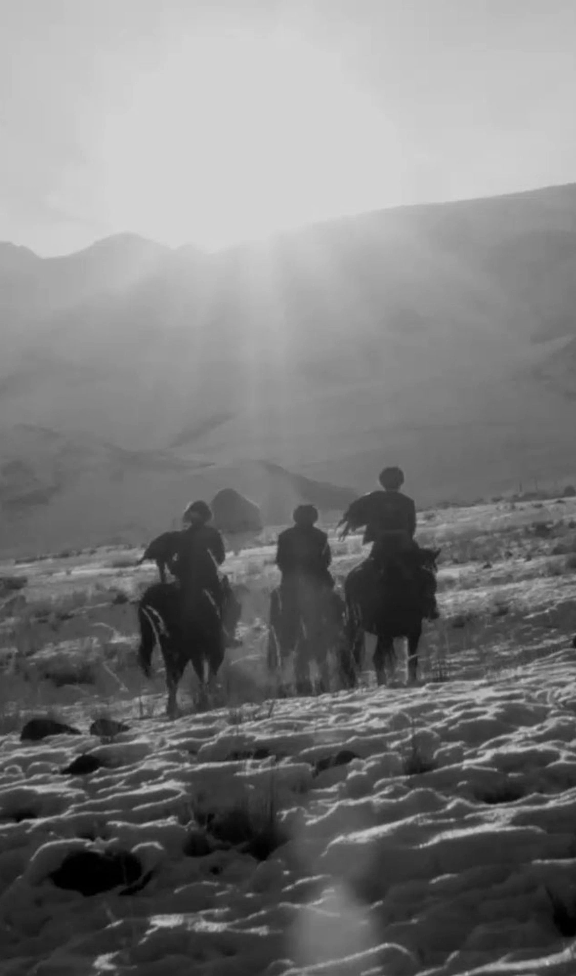 Silhouette of riders on horseback in a snowy landscape with mountains and sun.