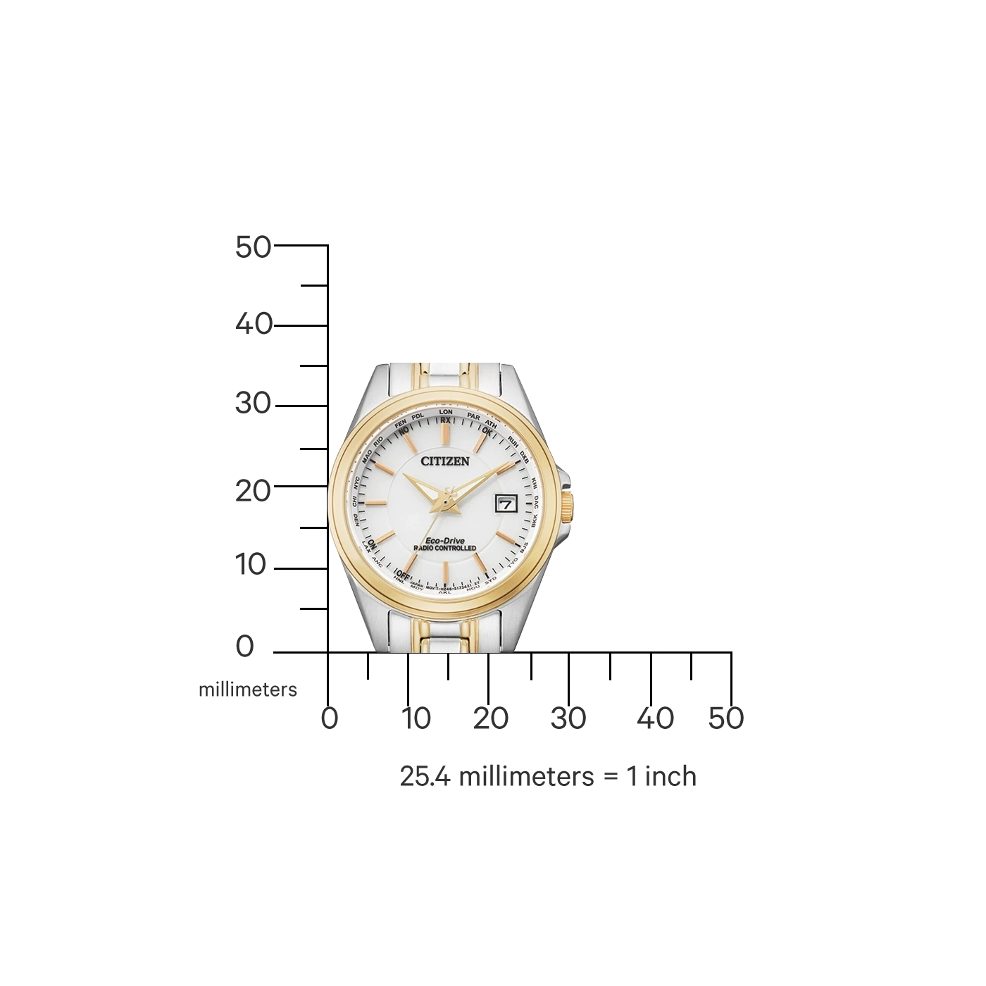 Citizen watch with gold and silver accents, white face, and date display.