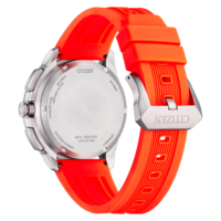 Back view of a Citizen Eco-Drive watch with an orange strap and silver case.