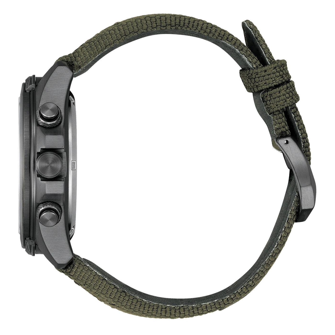 Side view of a dark watch with a green fabric strap.