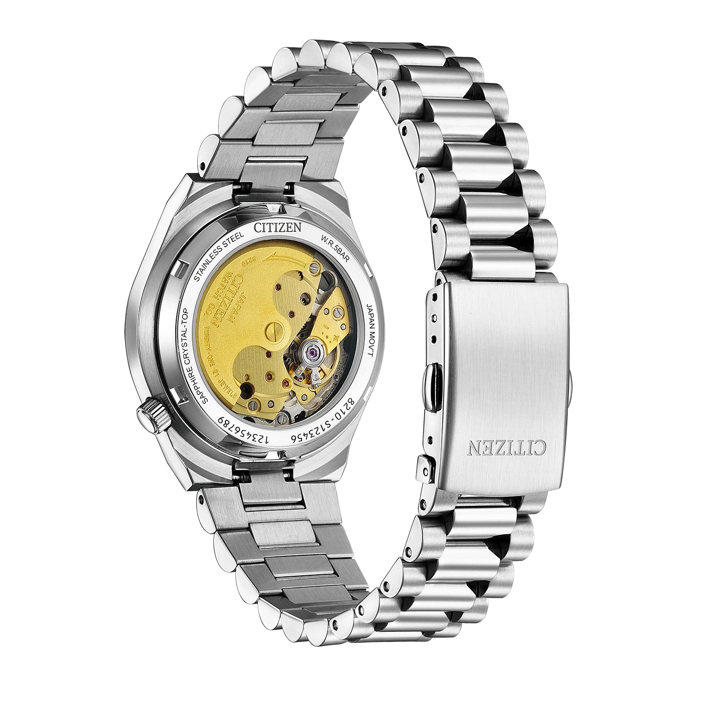 Citizen watch back, stainless steel, sapphire crystal, Japanese movement, 5 bar water resistance.