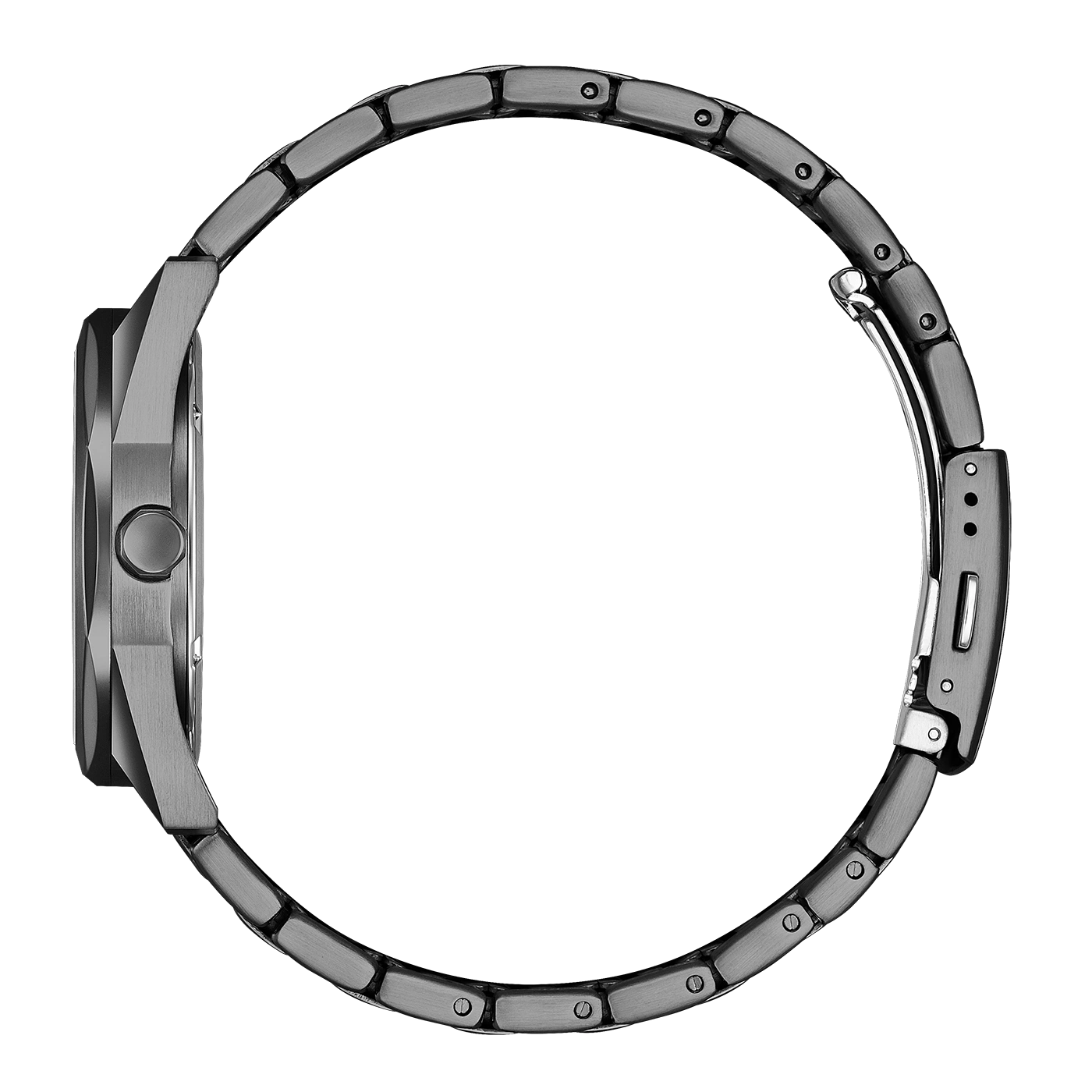 Side view of a sleek, modern metal watch bracelet and case.