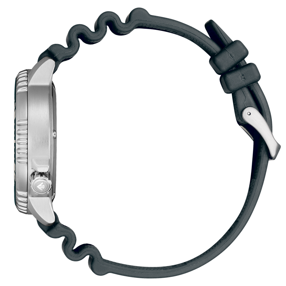A side view of a silver watch with a black rubber strap.