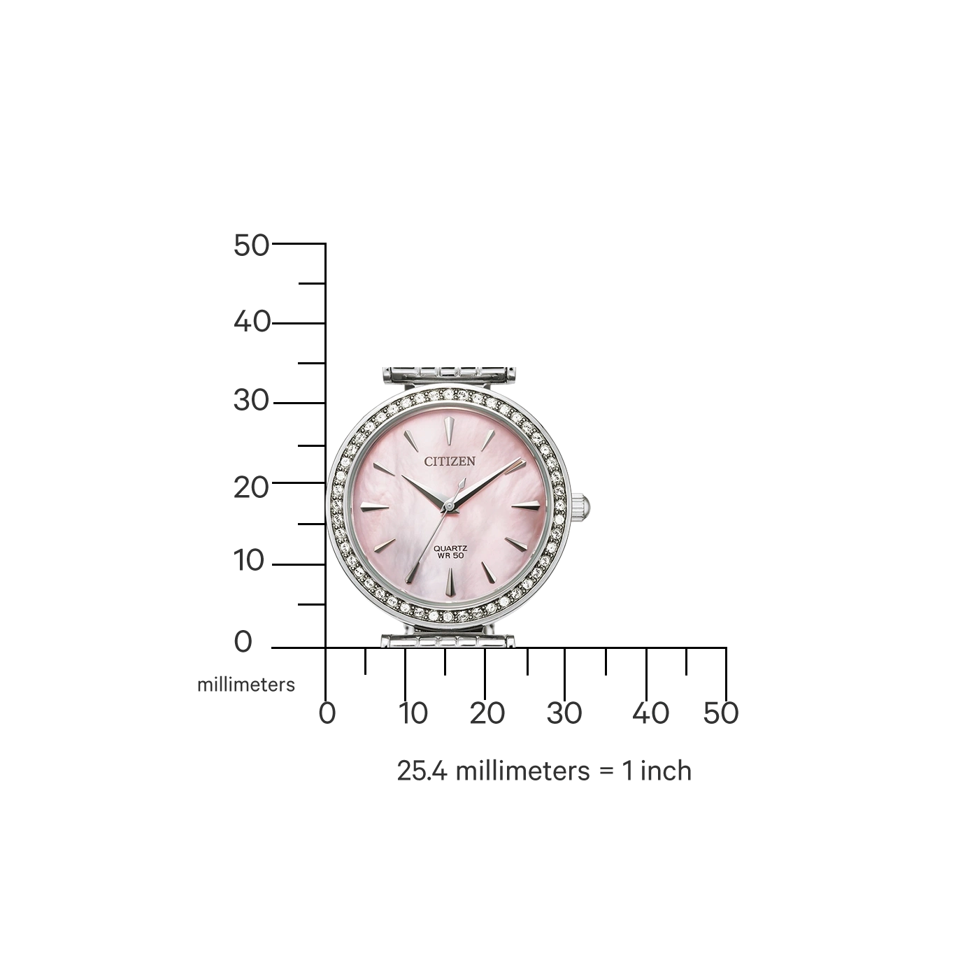 Citizen watch with pink face and diamond bezel, measuring scale in millimeters.