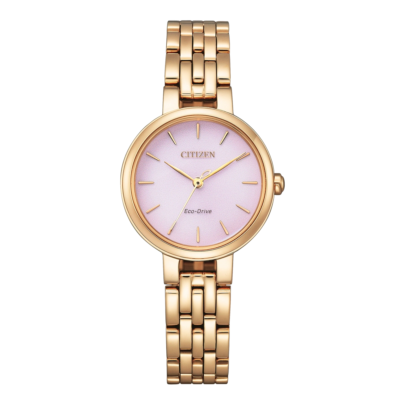 Gold Citizen watch with a pink face and gold band, Eco-Drive technology.
