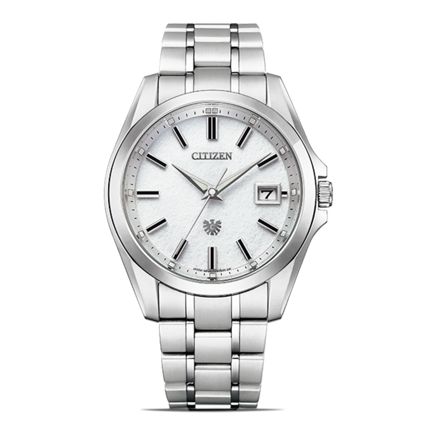 Citizen-Uhr mit weißem Zifferblatt und silbernem Armband, elegantes Design.