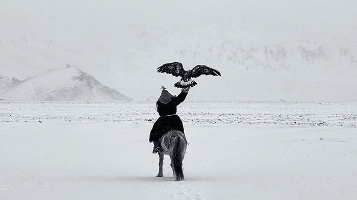 A man on a horse with an eagle in a snowy landscape.