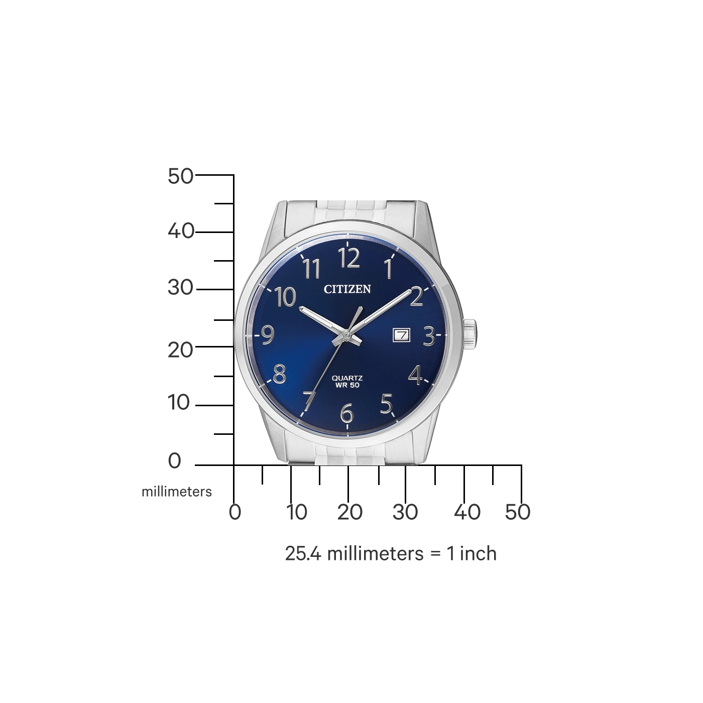 Citizen watch with blue face, silver band, and quartz movement. Displays time.