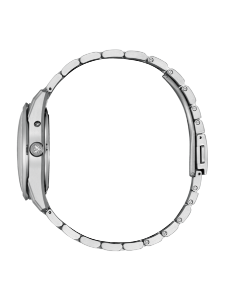 Silberne Uhr Seitenansicht, Metallarmband, elegantes Design, luxuriöser Zeitmesser, Nahaufnahme