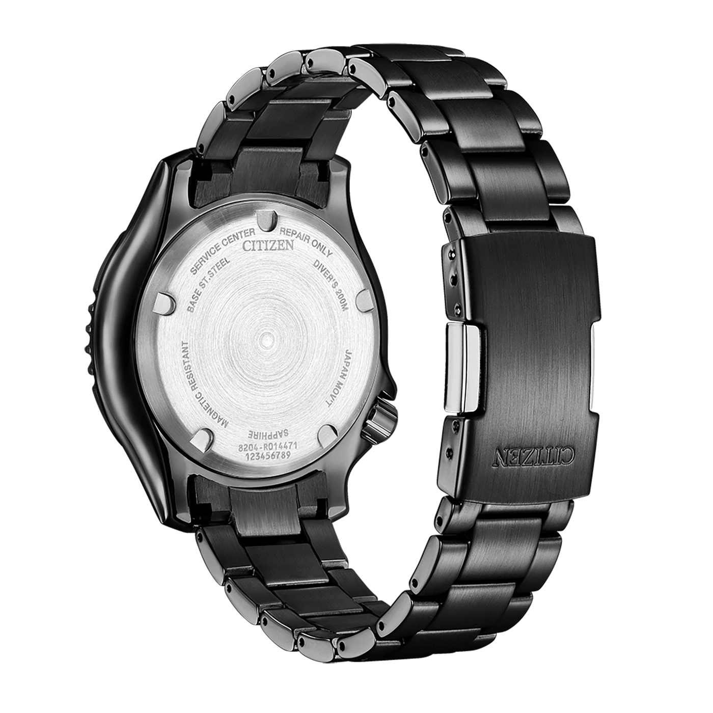 Citizen watch back with details: sapphire, magnetic resistant, diver's 200m