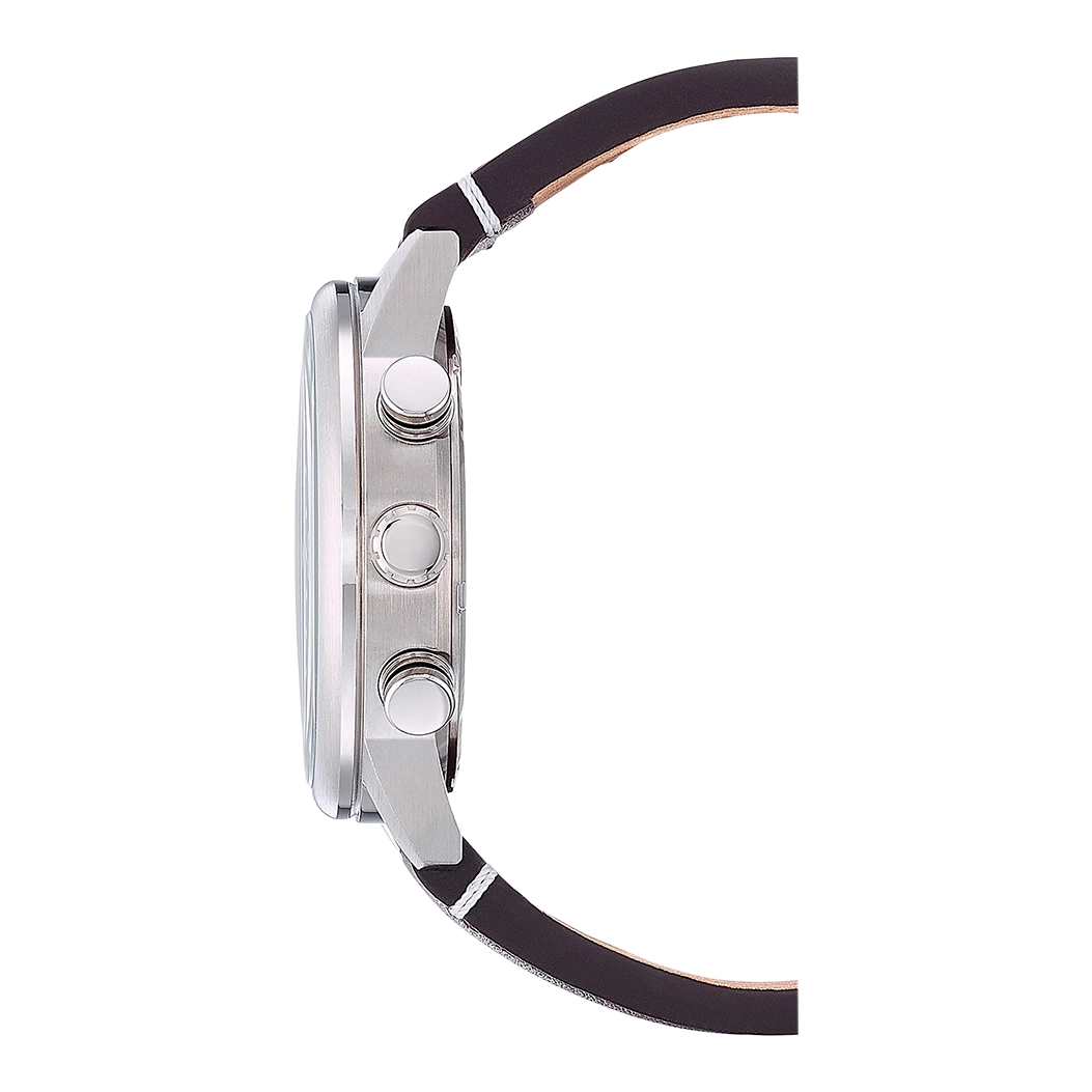 Side view of a silver watch with a black leather strap.