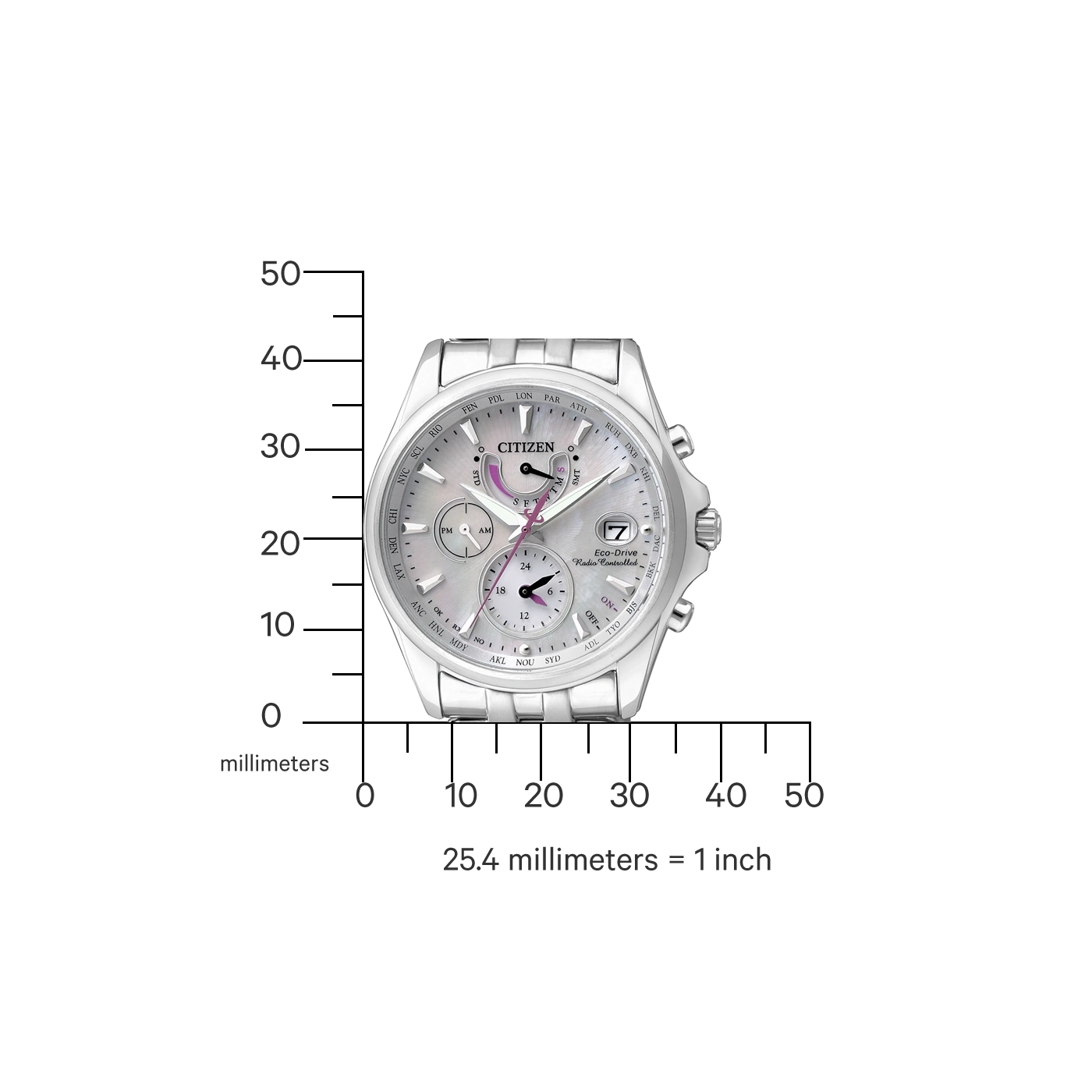 Silver Citizen watch with multiple dials and a measurement scale.