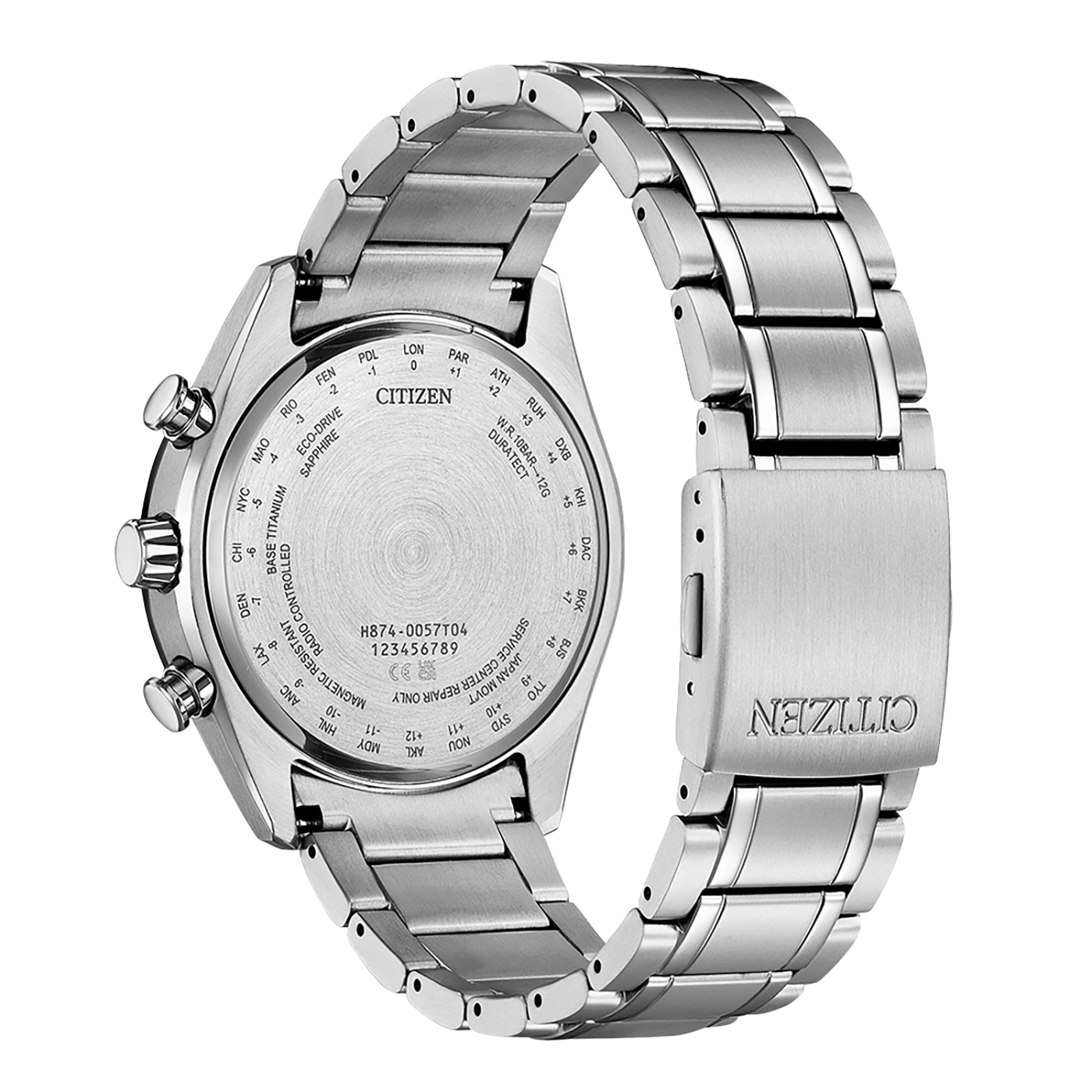 Citizen watch back with time zone markings and model details.