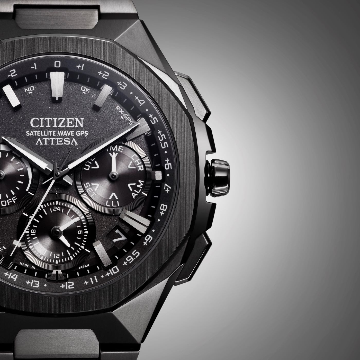 Close-up of a Citizen Attesa watch with a dark gray dial and multiple sub-dials.